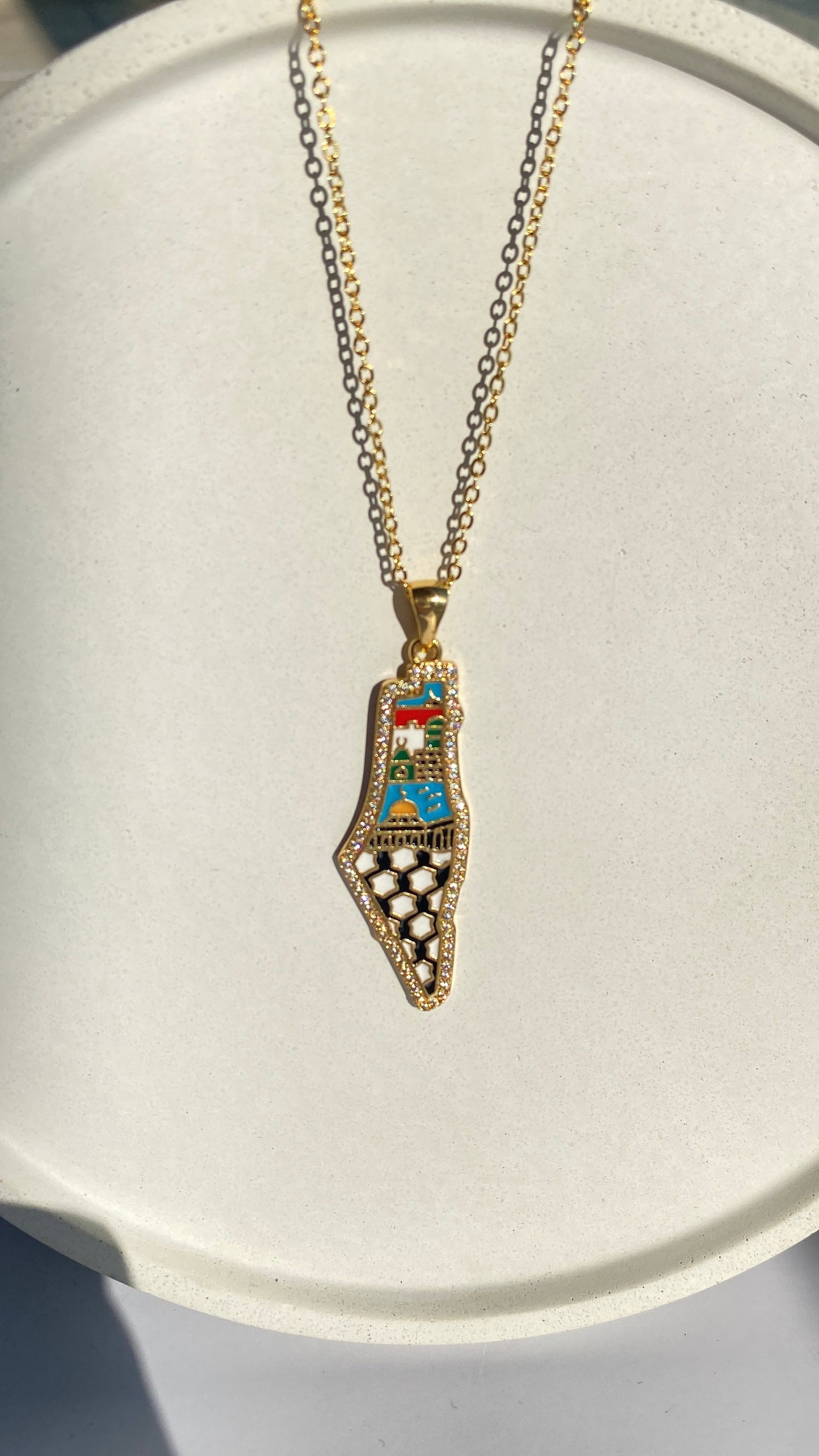 Palestine shimmer map necklace with abstract colors in gold