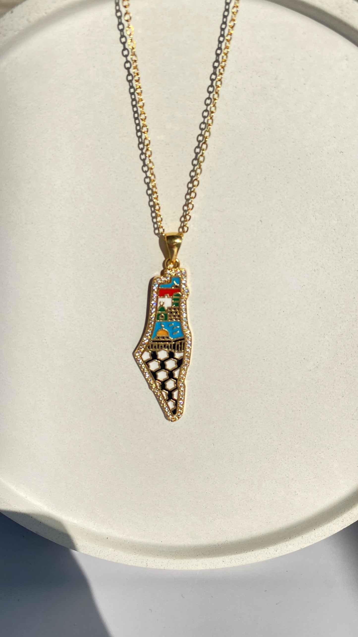 Palestine shimmer map necklace with abstract colors in gold