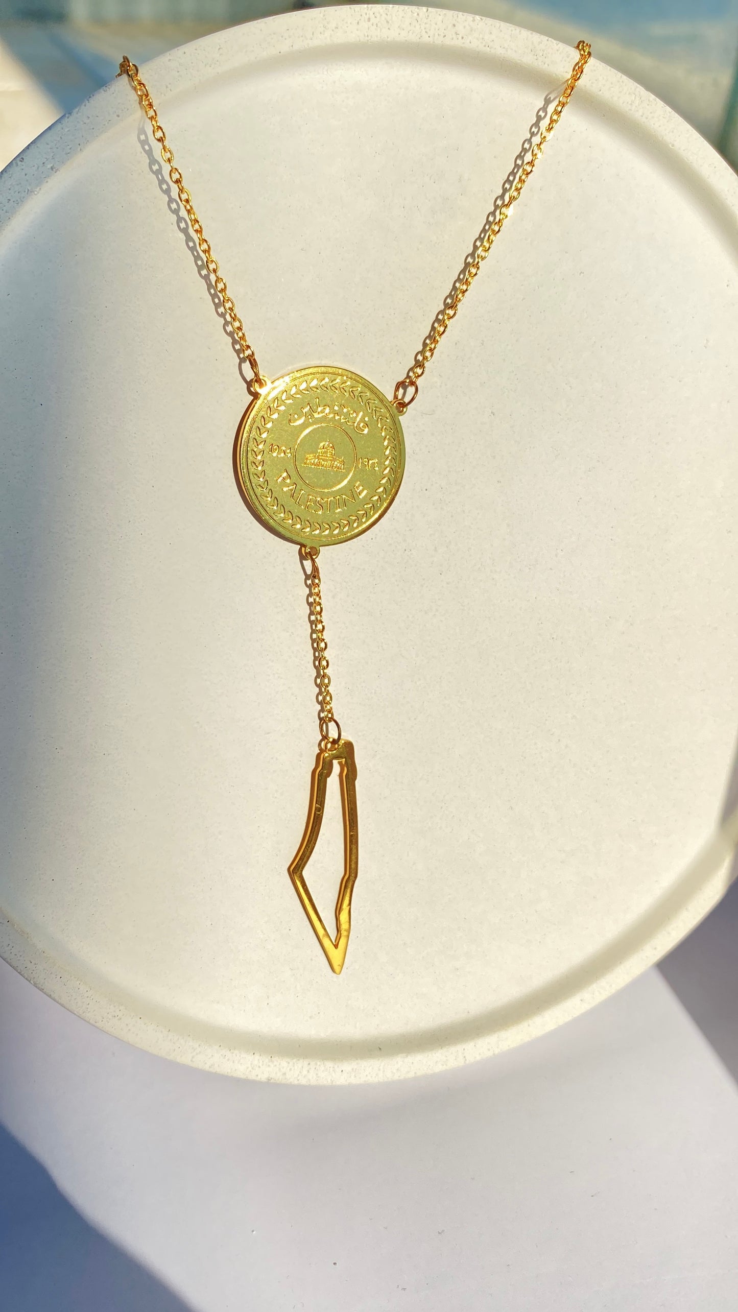 Palestine necklace "coin and map outline" Double layered in Gold
