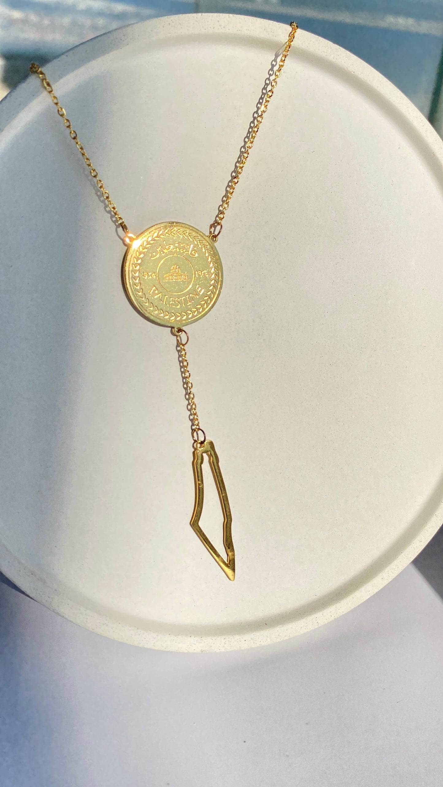 Palestine necklace "coin and map outline" Double layered in Gold