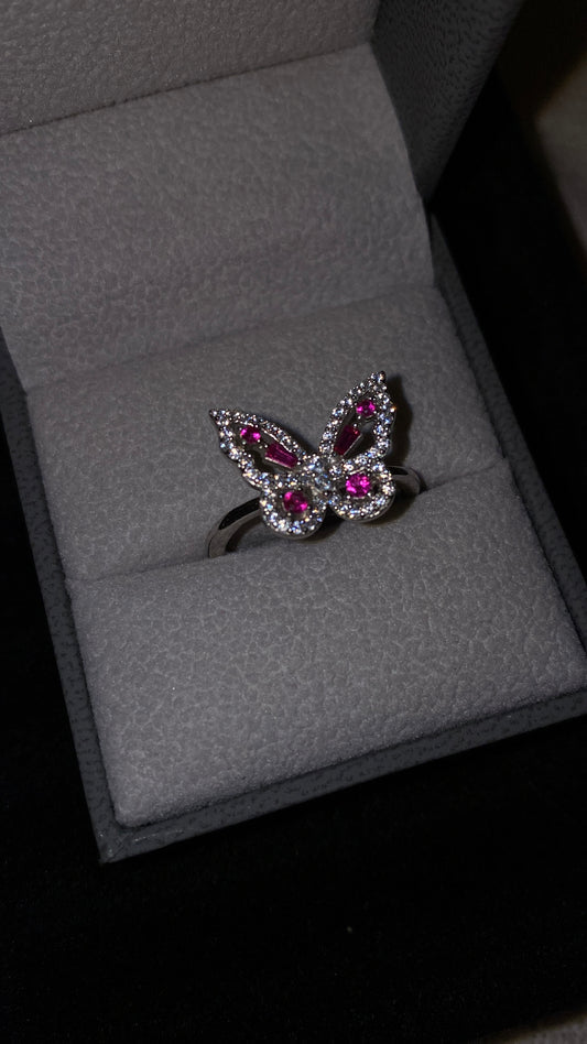 Butterfly Ring 925 Silver and pink